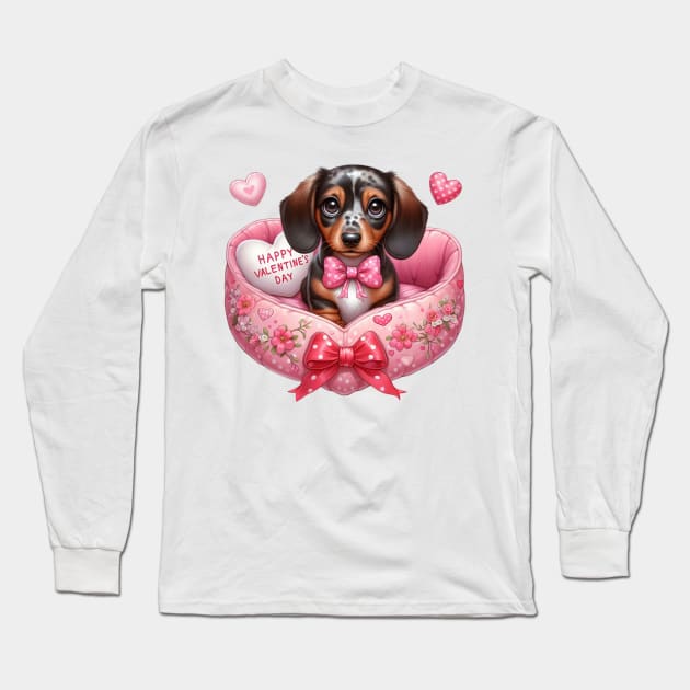 Valentine Dachshund Dog in Bed Long Sleeve T-Shirt by Chromatic Fusion Studio